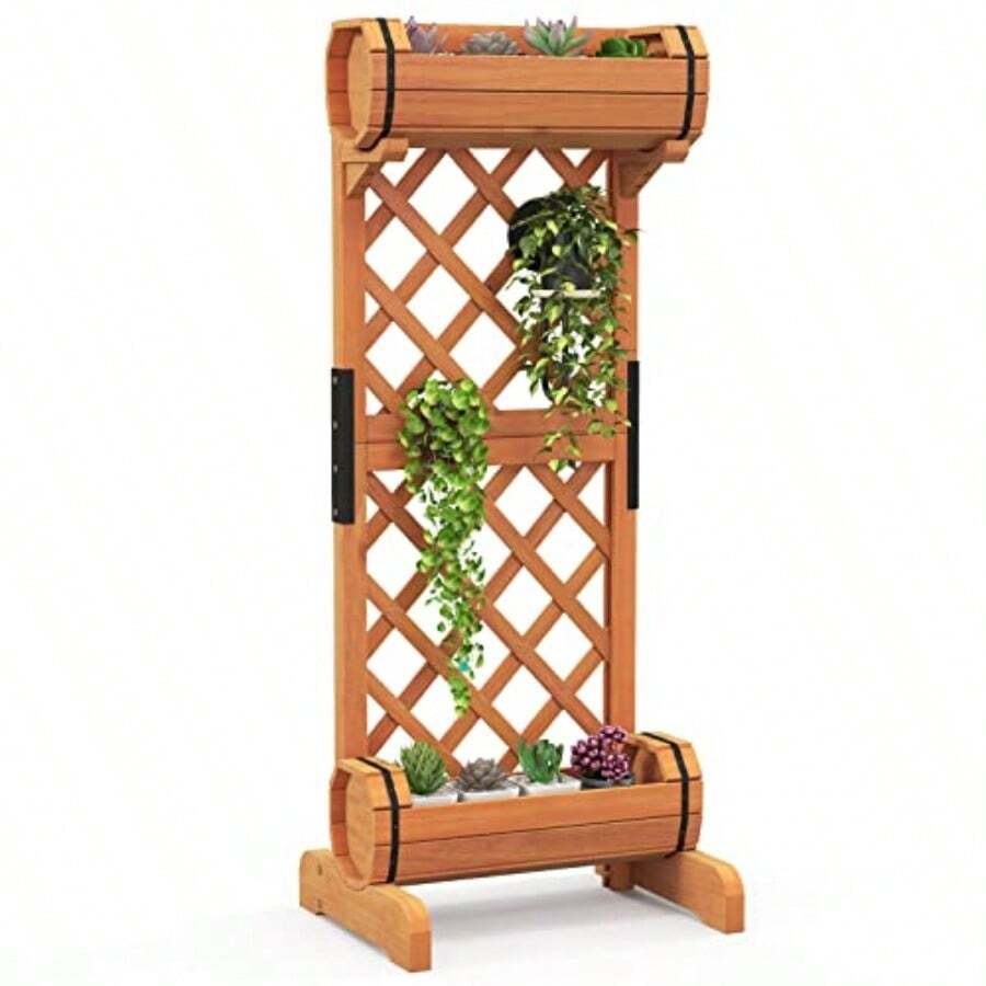 2-In-1 Raised Garden Bed With Trellis Removable Planter Boxes With Lattice Trellis 113 Cm Vertical Wood Flower Bed For Vine Climbing Plants Vegetables And Herbs Orange - 橘色 - 查看 1