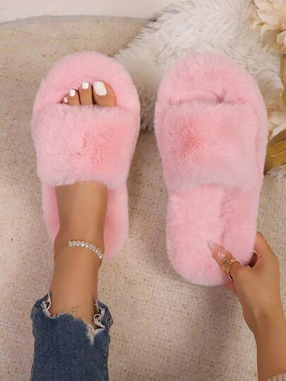 女士纯色可爱毛绒拖鞋，轻便柔软舒适，欧码，平底，适合秋冬季室内穿着