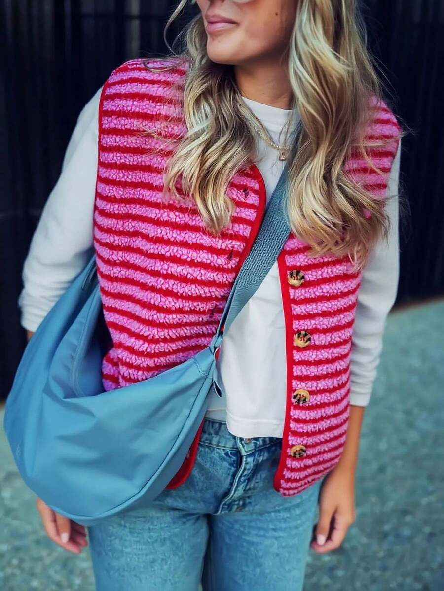 1pc Striped Jacket, Suitable For Dates, Everyday Wear, Autumn/Winter, Valentine's Day, Fuzzy Vest - Hot Pink - View 1