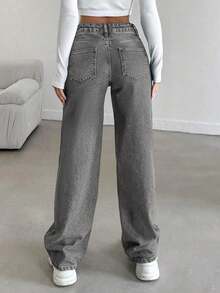 Simple Vintage Straight Leg Jeans - Mid Rise Basic Women's Pants Classic Non-Stretch Denim - 深灰色 - 查看 2