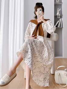 时尚孕妇圆领优雅百搭长袖连衣裙