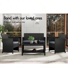 4pcs Outdoor Patio Furniture Garden Sofa PE Wicker Rattan Lounge Chair And Glass Coffee Table 4 Pieces Setting UV-Resistant Conversation Set With Steel Frame And Cushions Black - Black - View 2