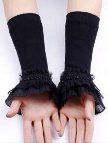 1pair Fashionable High Elasticity Fingerless Arm Warmer Gloves, Double Layer Lace Decor False Sleeves, Knitted Cuff Cover For Women And Girls Clothing Accessories Dress Up, Black & White Cold Gloves Valentine's Day Valentines - 黑色 - 查看 5