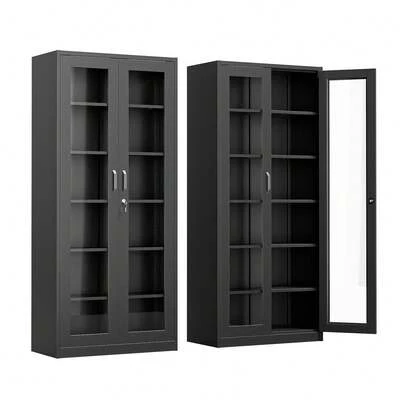Black Multi-Use Metal & Glass Cabinet 71" Tall With Anti-Tip Lockable 5 Shelves