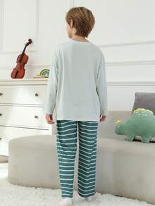 2pcs/Set Toddler Boys' Dinosaur Print Flame Retardant Sleepwear Set, Round Neck Pullover, Autumn/Winter