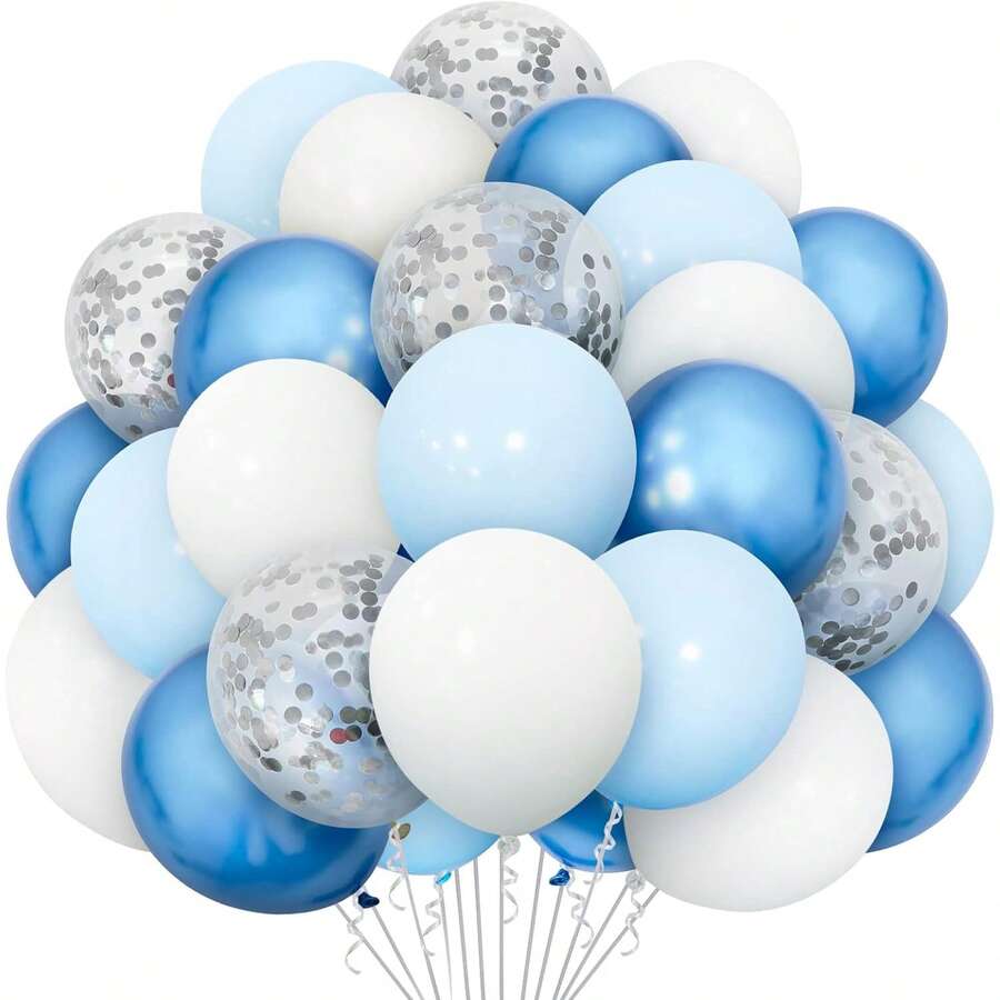 46pcs White & Metallic Blue Balloons, 10/12 Inch White/Clear Glitter Confetti Latex Balloons, Champagne Gold Metallic Finish Party Balloons With Ribbons, Suitable For Birthday Decor, Boho Wedding, Baby Shower, Engagement Anniversary Celebration - Multicolor - View 1