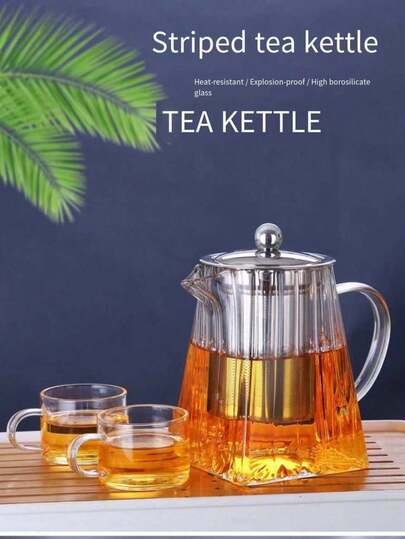 1 Set Tetera de vidrio resistente al calor con tapa redonda y base cuadrada, con filtro de acero inoxidable, Tetera cuadrada a rayas con infusor de acero inoxidable, Tetera de vidrio con filtro - Promoción de fin de año, caliente con descuento