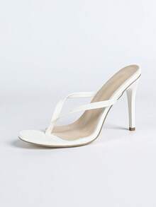 女士时尚高跟凉鞋，PU压纹皮革材质，人字拖，露趾，露跟，经典圆头凉鞋，人字拖，漆皮鞋跟，细跟，夏季户外风格，常规款式，女士白色凉鞋，高跟拖鞋，性感，派对，百搭 - 白色 - 查看 7