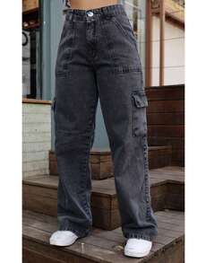 Women's Wide Leg Cargo Jeans With Pockets, Graphite Color - 淺灰色 - View 1