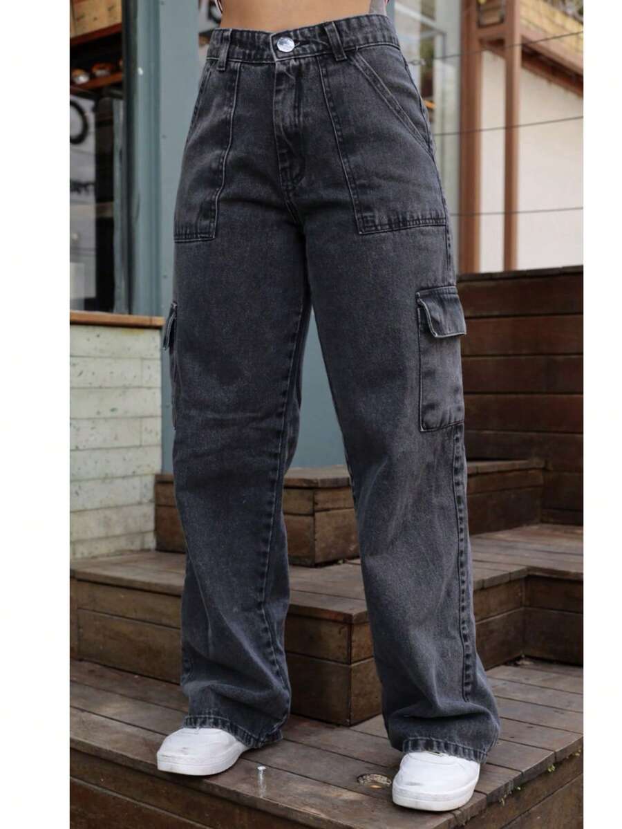Women's Wide Leg Cargo Jeans With Pockets, Graphite Color - 淺灰色 - View 1