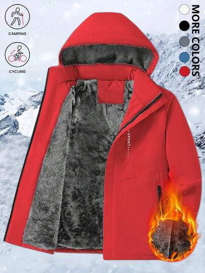 Women's Thermal Lined Windbreaker Jacket - Windproof, Solid Color, Printed, Hooded Design, Multiple Pockets, Suitable For Outdoor Cold Weather, Thermal Lined Windbreaker Jacket In Red