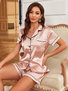 Contrast Piping Satin PJ Set / Pajama Set - 香檳2 - 查看 6