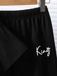 Young Boy Cartoon Print Round Neck Short Sleeve Top And Pants Set - Black - View 3