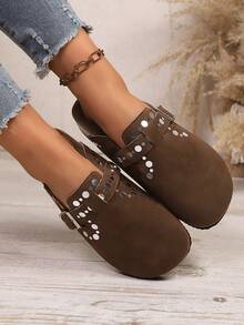 Women's Round Toe Sequin Buckle Strap Shoes, Fashionable, Casual, Comfortable, Convenient Slip-On, Suitable For Daily, Commute, Party - Brown - View 4