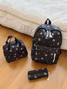 New Bow Tie Print Backpack, Suitable For Elementary, Middle, And High School Students, Laptop Bag - Black - View 8