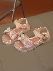 1 Pair Fashion Versatile Girls' Pearl & Rhinestone Bow Decor Cute Flat Sandals, Round Toe, Suitable For Daily Wear, Dancing, Outdoor, Decorated With Sequins, Closed Toe Princess Shoes, Spring And Autumn - Pink - View 2