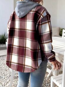 Women's Plaid Hooded Sherpa-Lined Jacket - Multiple Colors, Loose Fit, Long Sleeve, Button Front, Fall/Winter Outerwear | Minimalist Stylish Ladies' Outdoor & Home Jacket, Suitable For Teens & Adults - Đỏ - Xem 4