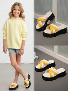 1 Pair Yellow & White Color Block Thick Sole Slippers, Comfortable Soft Leather Criss-Cross Strap, Classic Round Toe 3CM Chunky Heel, Slip-On Design, Fashionable & Cute Casual Beach Sandals, Suitable For Girls Aged 3-15 For Daily, Beach, Holiday Wear, Spring/Summer 2026 - White - View 1
