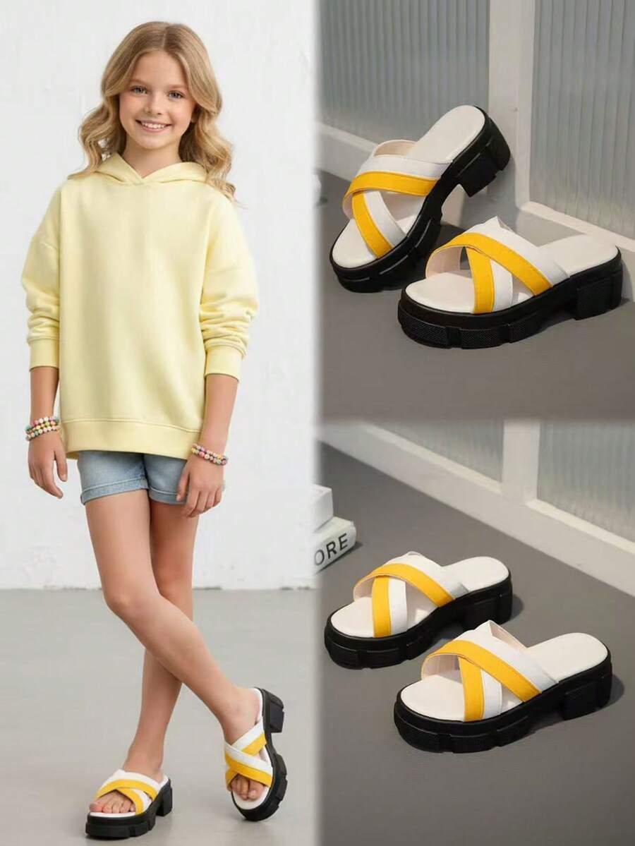 1 Pair Yellow & White Color Block Thick Sole Slippers, Comfortable Soft Leather Criss-Cross Strap, Classic Round Toe 3CM Chunky Heel, Slip-On Design, Fashionable & Cute Casual Beach Sandals, Suitable For Girls Aged 3-15 For Daily, Beach, Holiday Wear, Spring/Summer 2026 - White - View 1