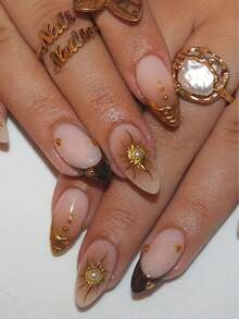 10 Handmade Almond-Shaped Press-On Nails: Amber Leopun Patterns, These Nails Feature Hand-Painted French Tips With Golden Mirror Powder, And Are Embellished With Golden Beads And White Pearls. Designed As Elegant, Romantic And Minimalist Press-On Nails, They Exude A Vibe Of High-End Charm, Sexiness And Understated Luxury. - Multicolor - View 10