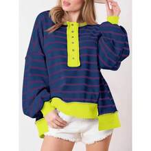 - Sudaderas de rayas de gran tamao para mujer, estilo Henley con bloques de color, estilo casual - marino + CH - Ver 3