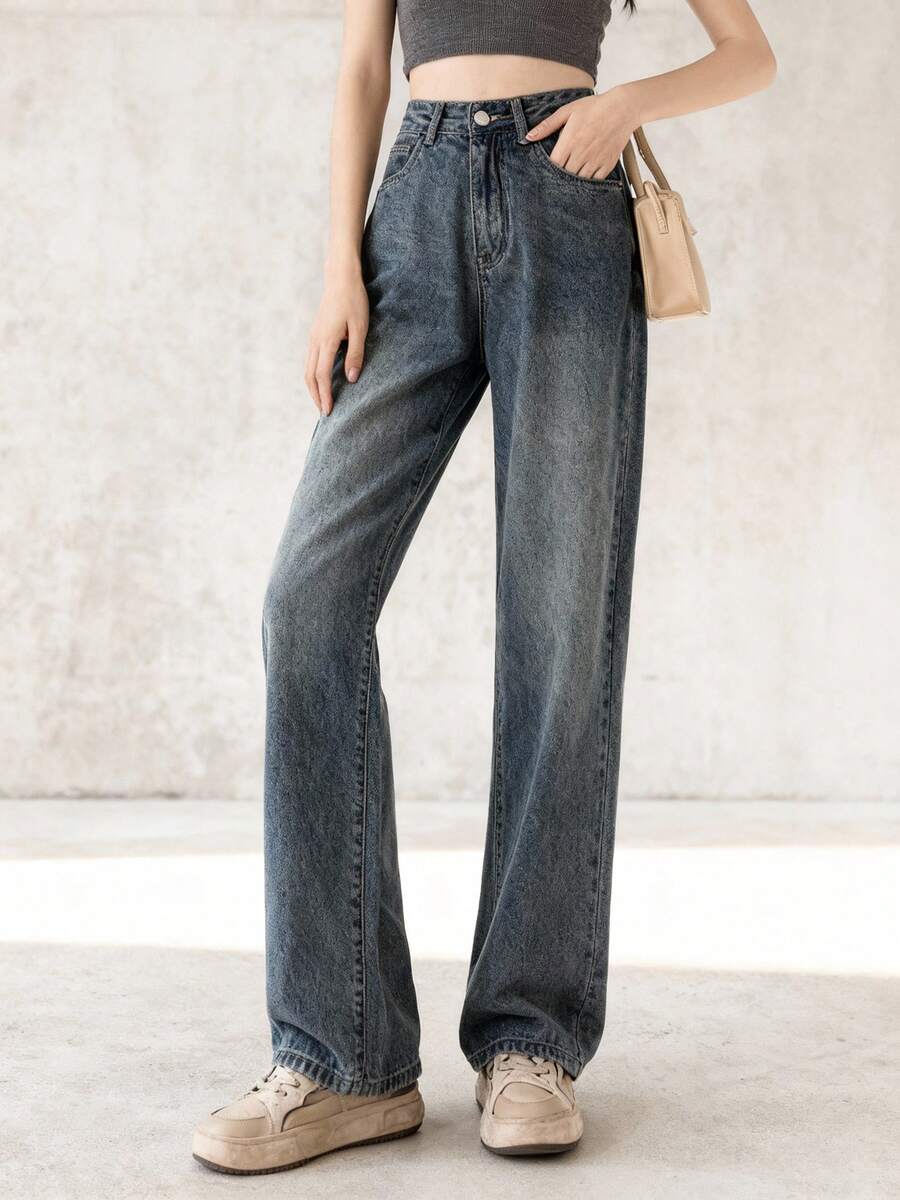 Wide-Leg High-Waist Loose Straight Jeans For Women - 2025 Vintage Style Casual Draped Denim Trousers - 藍色 - 查看 1