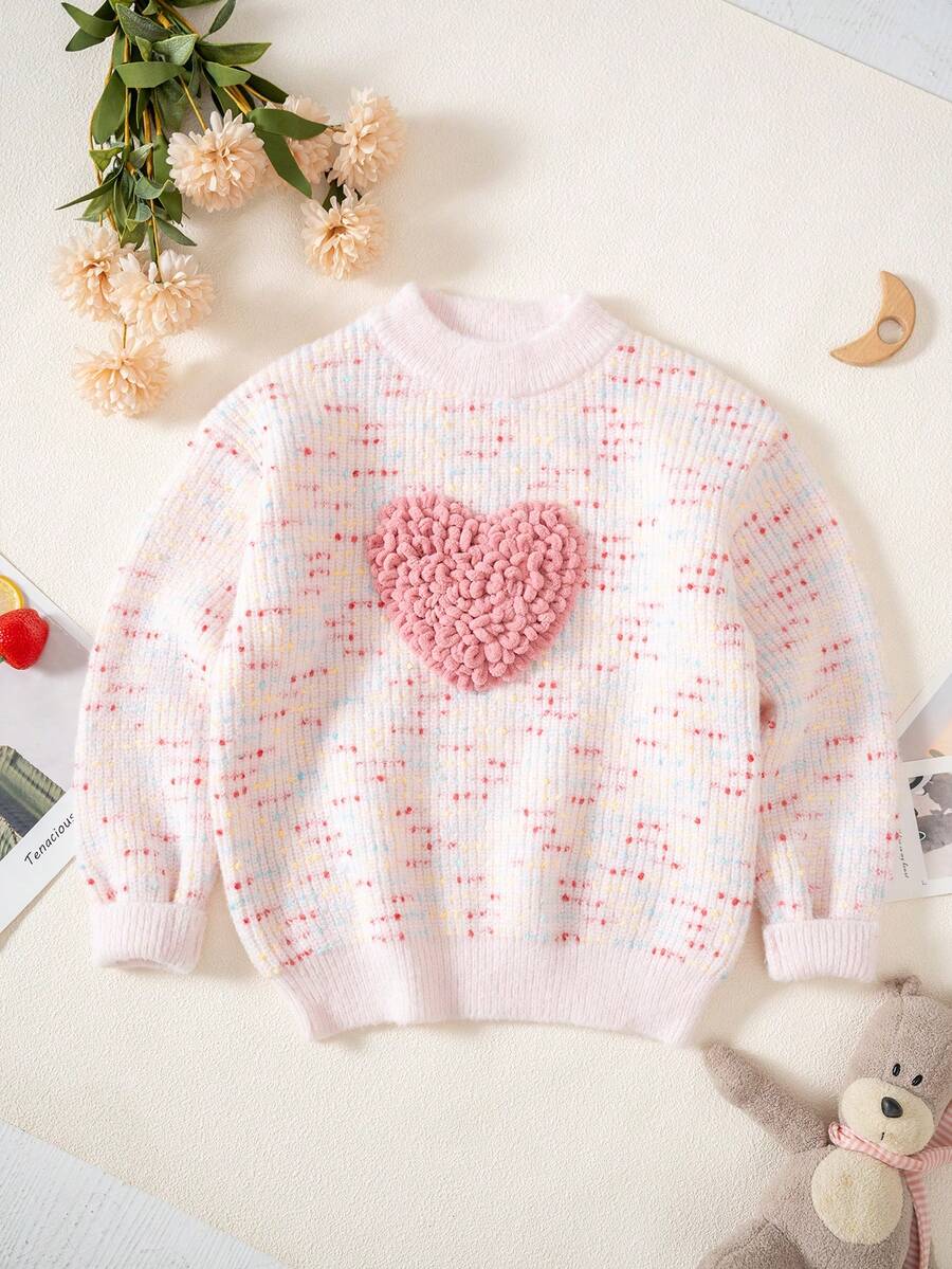 Tween Girl Colorful Heart Graphic Long Sleeve Sweater - Pink - View 1
