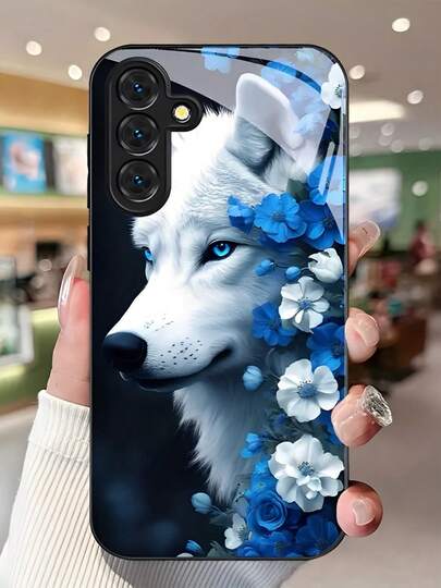 Blue And White Flowers And A White Wolf Tempered Glass Phone Case Suitable For Compatible With Samsung Galaxy S25/24/23/22/21 Ultra/FE/+,A71/56/55/54/53/52/36/35/34/32/26/25/24/23/16/15/14,As Well As IPhone17,16, 15, 14, 13, 12, 11, PRO MAX,PLUS,Air,Fashion Creative Design New Mobile Phone Case