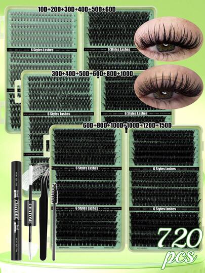 CMAYOME Bộ dụng cụ nối mi giả dạng chùm 648/684/720, kiểu D-Curl, độ dày hỗn hợp 10D-150D, chiều dài 8-16mm, bộ nối mi giả dạng chùm dung lượng lớn, bộ dụng cụ nối mi thân thiện với người mới bắt đầu, tự nhiên, dày, mềm mại, bộ dụng cụ tự nối mi cá nhân, bao gồm keo, nhíp và cọ chải mi, giúp tăng cường trang điểm mắt, phù hợp cho sử dụng hàng ngày, đi làm, du lịch, hẹn hò, tiệc tùng và kỳ nghỉ, bộ dụng cụ nối mi đa năng.