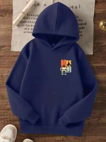1pc Tween Boy Casual Printed Pullover Sweatshirt, Thermal Lined, Long Sleeve, Autumn/Winter - Navy Blue - View 4