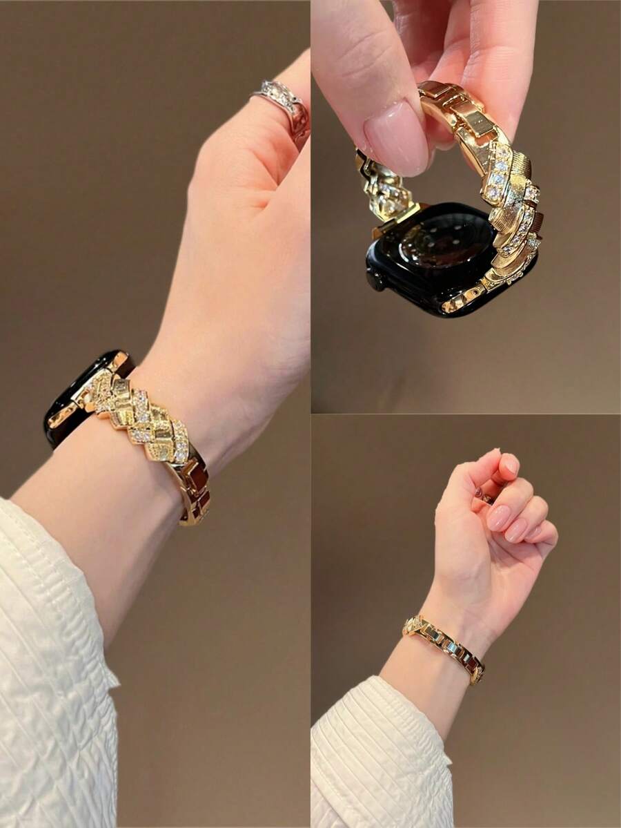 Chic Apple-Inspired Wheat & Diamond Bracelet Watch Band With Freely Adjustable Sizing | Sparkling Textured Design & Cute Apple Charm, Compatible With Apple Watch Ultra/SE/Series 11/10/9/8/7/6/5/4/3/2/1 | Fits 38mm 40mm 41mm 42mm 44mm 45mm 46mm 49mm