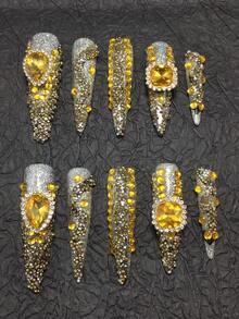 10 piezas de 5,5 cm de armadura de mano pura prensada, usando plata fina como color base, joyería de uñas con grandes gotas de agua, diamantes cuadrados, diamantes rotos, el diseño general está lleno de belleza, adecuado para fiestas, manicura, kits gratuitos, reutilizable - Multicolor - Ver 2