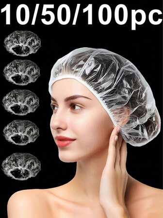 10/50/100 piezas Gorros de ducha desechables y transparentes, no es necesario lavar. Impermeables, muy elásticos, reforzados, de gran tamaño, adecuados para duchas y cuidado del cabello, convenientes para viajes y volver a la escuela.