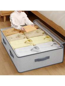1pc/3pcs 120g Striped Pattern Large Capacity Underbed Storage Bag, Minimalist 120g Non-Woven Rectangular Extra Large Capacity Underbed Storage Bag, Large Opening Transparent Cover Clothes Organizer Bag, Foldable Handle Drawer Style Storage Bag, Suitable For Bedding And Clothing Storage, Suitable For Household Use - Stripe Pattern - View 3