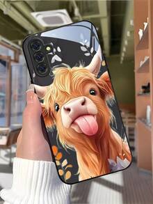 Highland Cow With Its Tongue Sticking Out Tempered Glass Phone Case Suitable For Compatible With Samsung Galaxy S25/24/23/22/21 Ultra/FE/+,A71/56/55/54/53/52/36/35/34/32/26/25/24/23/16/15/14,As Well As IPhone17,16, 15, 14, 13, 12, 11, PRO MAX,PLUS,Air,Fashion Creative Design New Mobile Phone Case - 彩色 - 查看 2
