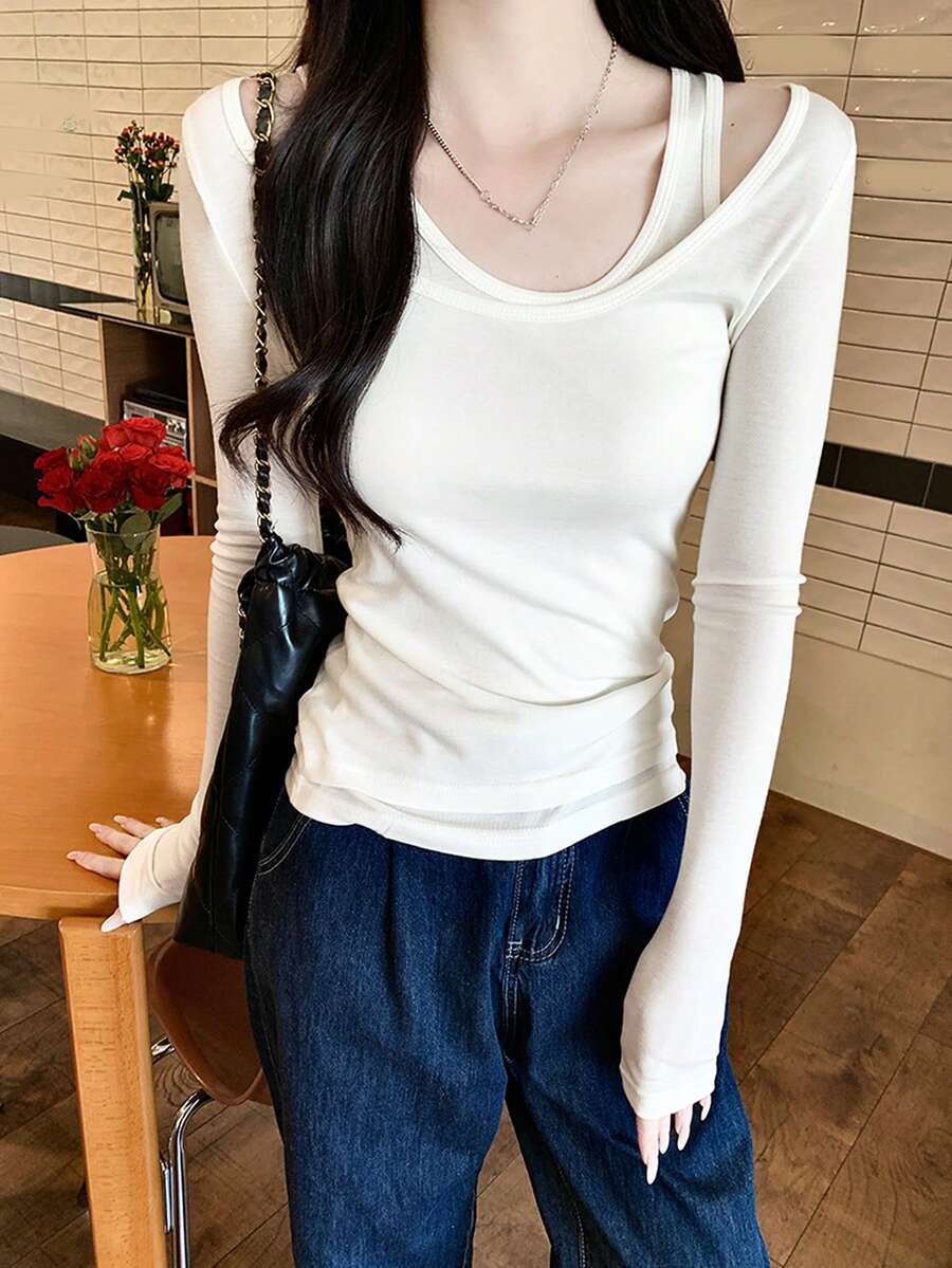 1pc Women's 2 In 1 Long Sleeve T-Shirt, New Design, Slim Fit, Layering Top - White - View 1