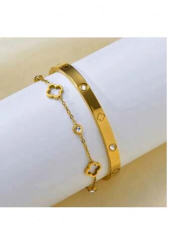 1 Set Vintage Elegant Stainless Steel Zirconia Flower Jewelry Bracelet And Bangle, Suitable For Women's Daily Wear, Valentine's Day Gift