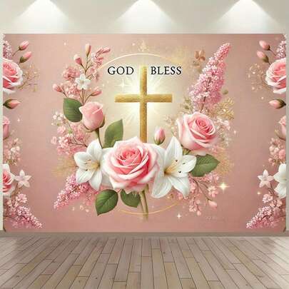 1 PC. Gorgeous Pink Roses And White Lilies With A Gold Cross And The Words "God Bless," A Symbol Of Happiness And Beauty. Perfect For Living Rooms, Bedrooms, Offices, Outdoors, Parties, Holiday Decorations, Photo Shoots, Celebrations. Available In Multiple Sizes. A Versatile Party Backdrop Suitable For Unisex Decorations, Indoor And Outdoor Decor, Photography Studios, Garden Decorations, Party Decorations, And Phone Booths.