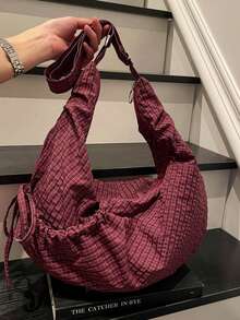 Japanischer Stil karierte Umhängetasche, modische plissierte Damen-Handtasche mit Schleife und Reißverschluss-Dekor, Umhänge-Aktentasche geeignet für Mittel-/Oberschüler und Studenten, leicht faltbare Stofftasche, ideal für Einkaufen und Pendeln, halbmondförmig - Verschiedenfarbig - Übersicht 2
