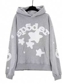 Autumn/Winter Y2K Street Style Star Print Hooded Sweatshirt, Casual And Stylish Pullover, Hooded Sweatshirt - 灰色 - 查看 9