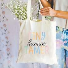 Top PickLocalChic Letter Print Canvas Tote Bag - Lightweight, Reusable Shoulder Bag For Daily Commute & Travel, Fashionable Folding Shopping Bag With Fixed StrapOpen In New Tab. - White - View 1