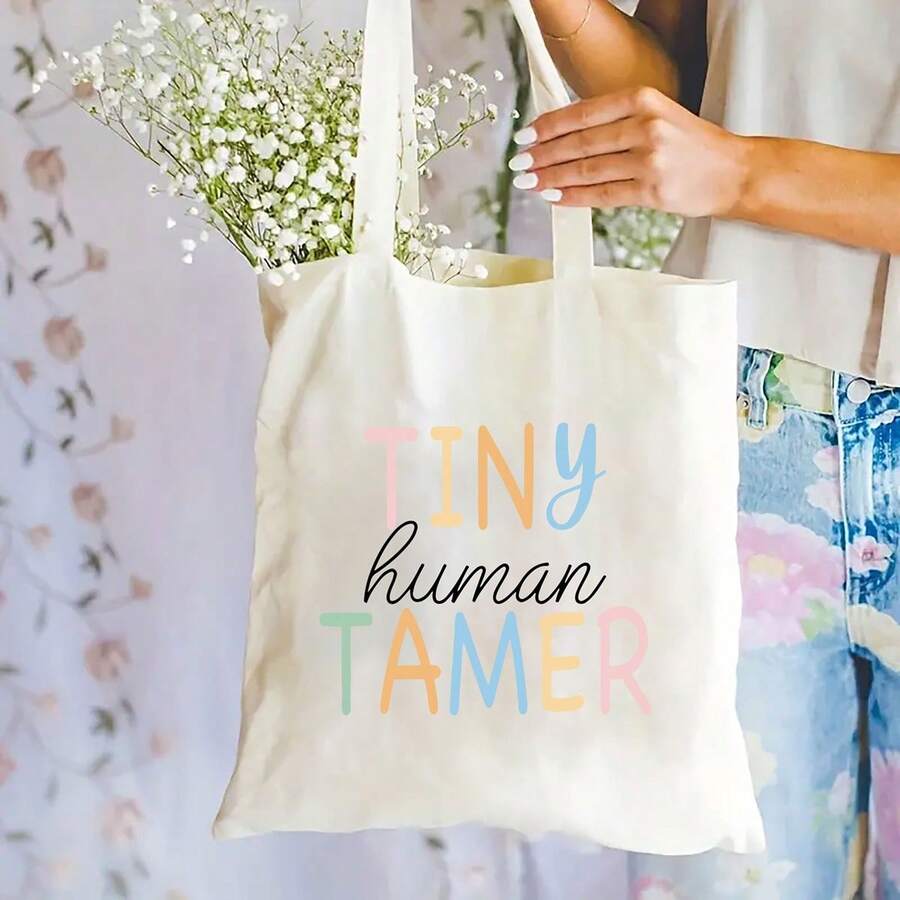 Top PickLocalChic Letter Print Canvas Tote Bag - Lightweight, Reusable Shoulder Bag For Daily Commute & Travel, Fashionable Folding Shopping Bag With Fixed StrapOpen In New Tab. - White - View 1