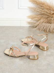 春夏女式时尚多带蝴蝶结露趾镂空后带低跟凉鞋，舒适百搭防滑粗跟罗马凉鞋 - 金色 - 查看 6