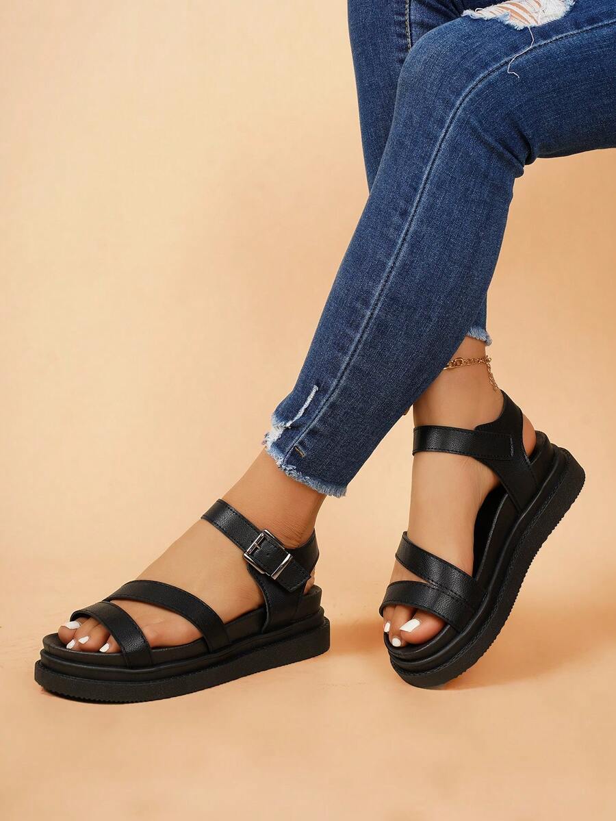 Women's Flat Sandals, New Thick Sole Black Sandals, Roman Style Non-Slip Versatile Fashion Sandals, Casual Beach Sandals For Summer - Black - View 1