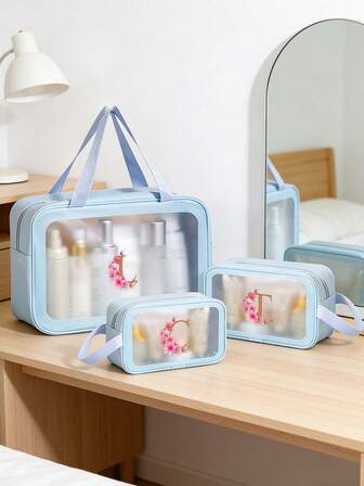1pc Transparent PVC Makeup Organizer Bag, Letter Pattern, Waterproof & Portable, Floral Letter Zipper Design, Minimalist Style, Customizable Letter Sticker, Travel Cosmetic Bag, Ladies' Bathroom Toiletry Pouch (Letter A~Z), Gift For Mom, Beach Bag, Back To School Essential