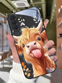 Highland Cow With Its Tongue Sticking Out Tempered Glass Phone Case Suitable For Compatible With Samsung Galaxy S25/24/23/22/21 Ultra/FE/+,A71/56/55/54/53/52/36/35/34/32/26/25/24/23/16/15/14,As Well As IPhone17,16, 15, 14, 13, 12, 11, PRO MAX,PLUS,Air,Fashion Creative Design New Mobile Phone Case - 彩色 - 查看 3
