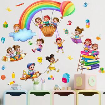 Rainbow Playground Hot Air Balloon Wall Stickers Suitable For Bedroom Bathroom Living Room Porch Home Decoration Wall Stickers, Removable Wall Stickers, Wall Decoration Stickers