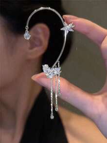 1件水钻星星、叶子和流苏耳夹，优雅女士节日礼物和日常佩戴饰品 - 銀色 - 查看 14