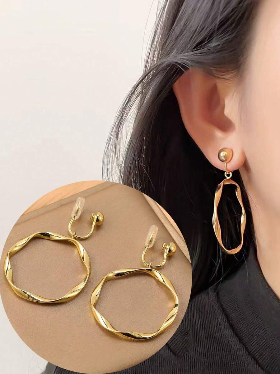 1对时尚新款圆形吊坠铜质夹式耳环，优雅个性，显瘦设计，适合日常佩戴，亦可作为节日礼物。 - 耳夾 - 查看 1