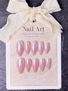 10片手工制作的按压式美甲贴片，短款，法式美甲，杏仁形，可爱设计，Y2K风格，粉色带全息粉，简约优雅风格，适合日常使用，附赠美甲工具 - 淺粉色 - 查看 12